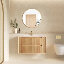 Byron Fluted 900mm Woodland Oak Wall Hung Single Vanity with Ceramic Countertop